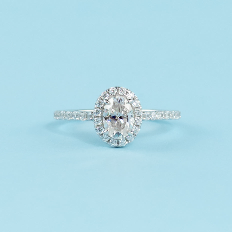 Heritage Halo Oval Cut Moissanite Engagement Ring Set in 9ct White Gold