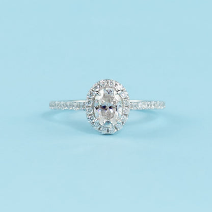 Heritage Halo Oval Cut Moissanite Engagement Ring Set in 9ct White Gold