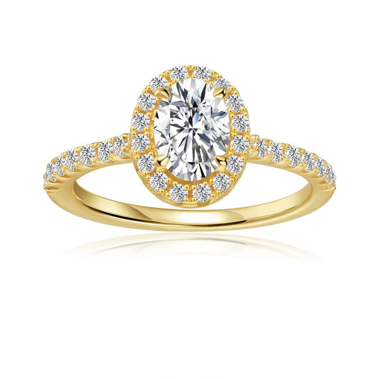 Heritage Halo Oval Cut Moissanite Engagement Ring Set in 9ct Yellow Gold