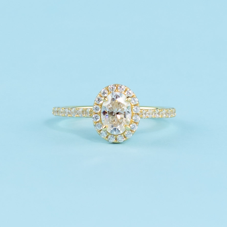 Heritage Halo Oval Cut Moissanite Engagement Ring Set in 9ct Yellow Gold