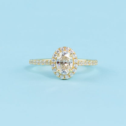 Heritage Halo Oval Cut Moissanite Engagement Ring Set in 9ct Yellow Gold