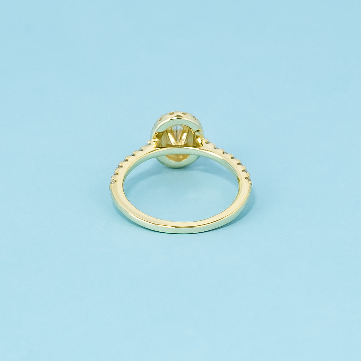 Heritage Halo Oval Cut Moissanite Engagement Ring Set in 9ct Yellow Gold
