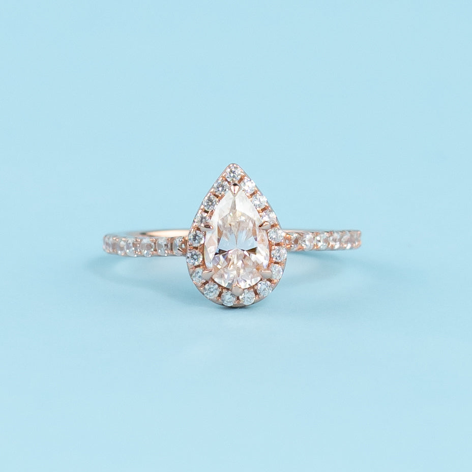 Heritage Halo Pear Shape Moissanite Engagement Ring Set in 9ct Rose Gold