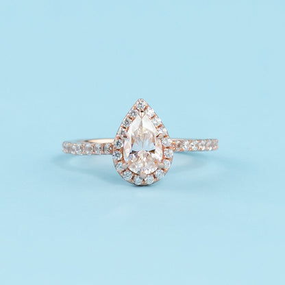 Heritage Halo Pear Shape Moissanite Engagement Ring Set in 9ct Rose Gold
