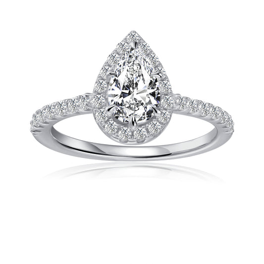 Heritage Halo Pear Shape Moissanite Engagement Ring Set in 9ct White Gold