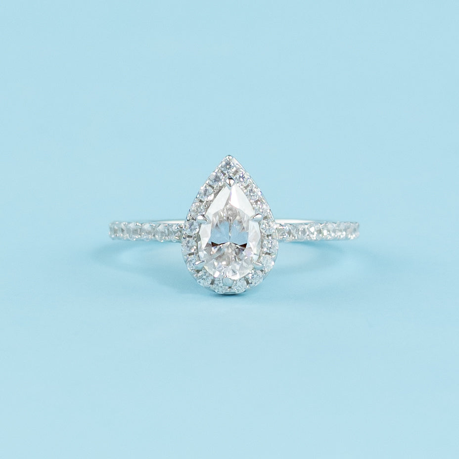 Heritage Halo Pear Shape Moissanite Engagement Ring Set in 9ct White Gold