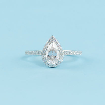 Heritage Halo Pear Shape Moissanite Engagement Ring Set in 9ct White Gold
