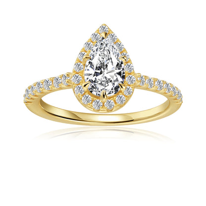 Heritage Halo Pear Shape Moissanite Engagement Ring Set in 9ct Yellow Gold