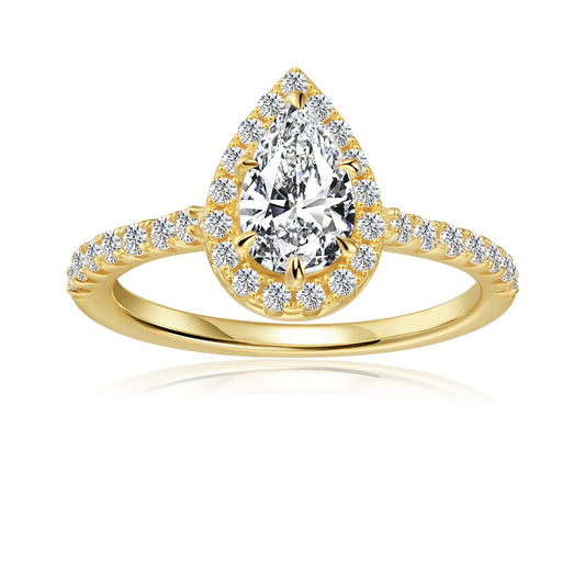 Heritage Halo Pear Shape Moissanite Engagement Ring Set in 9ct Yellow Gold
