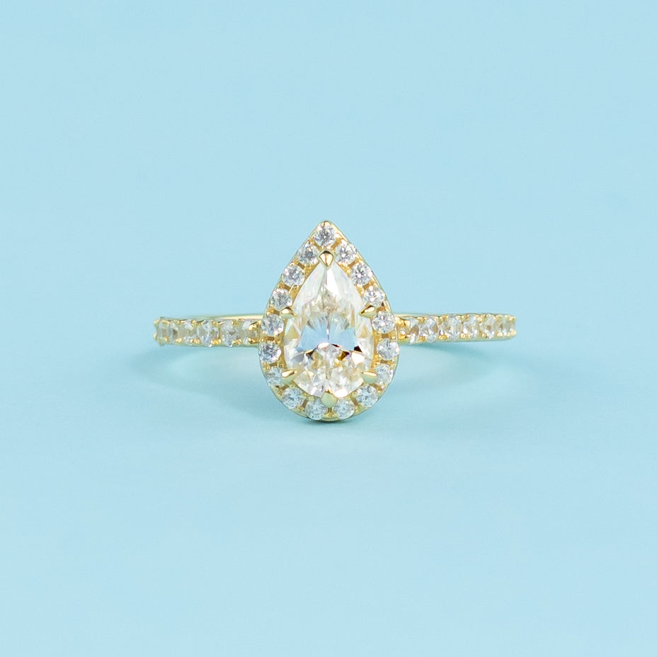 Heritage Halo Pear Shape Moissanite Engagement Ring Set in 9ct Yellow Gold