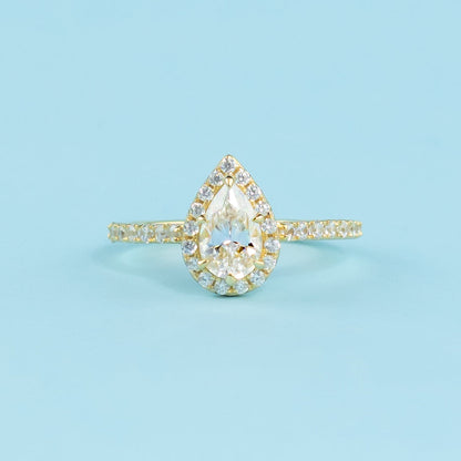 Heritage Halo Pear Shape Moissanite Engagement Ring Set in 9ct Yellow Gold