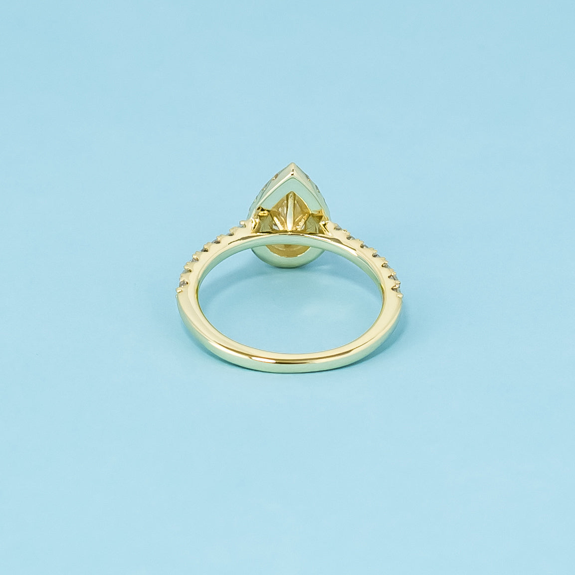 Heritage Halo Pear Shape Moissanite Engagement Ring Set in 9ct Yellow Gold