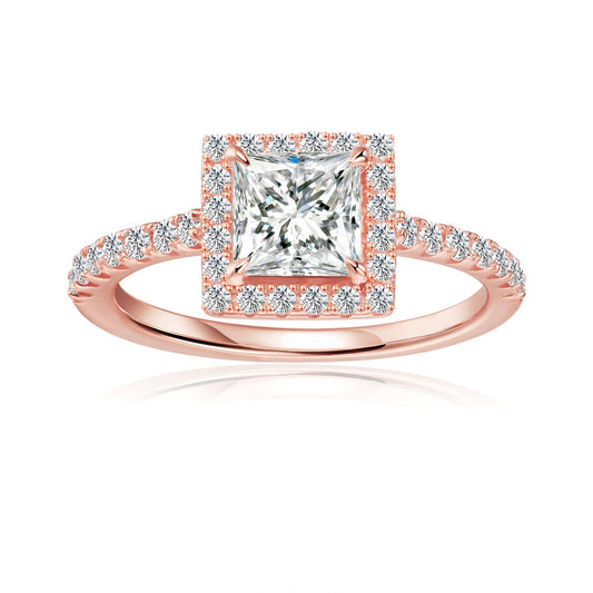 Heritage Halo Princess Cut Moissanite Engagement Ring Set in 9ct Rose Gold