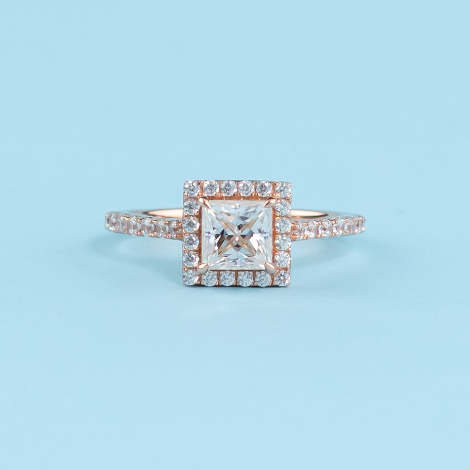 Heritage Halo Princess Cut Moissanite Engagement Ring Set in 9ct Rose Gold