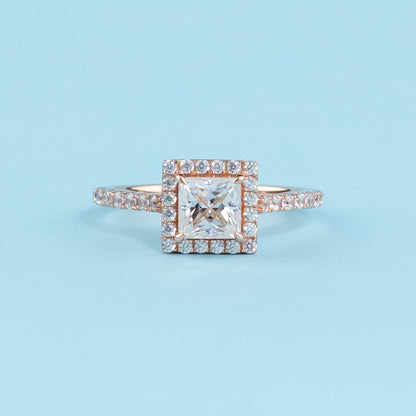Heritage Halo Princess Cut Moissanite Engagement Ring Set in 9ct Rose Gold