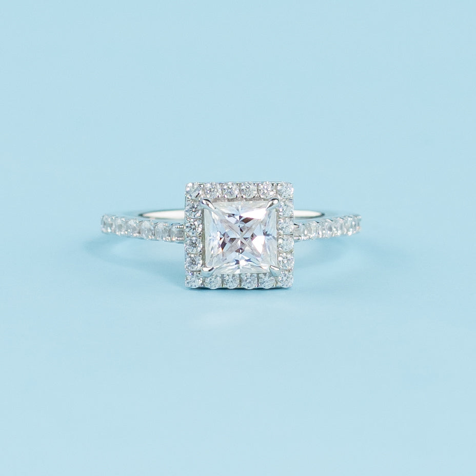Heritage Halo Princess Cut Moissanite Engagement Ring Set in 9ct White Gold