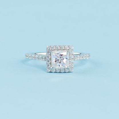Heritage Halo Princess Cut Moissanite Engagement Ring Set in 9ct White Gold