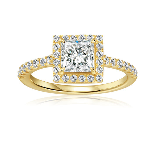 Heritage Halo Princess Cut Moissanite Engagement Ring Set in 9ct Yellow Gold
