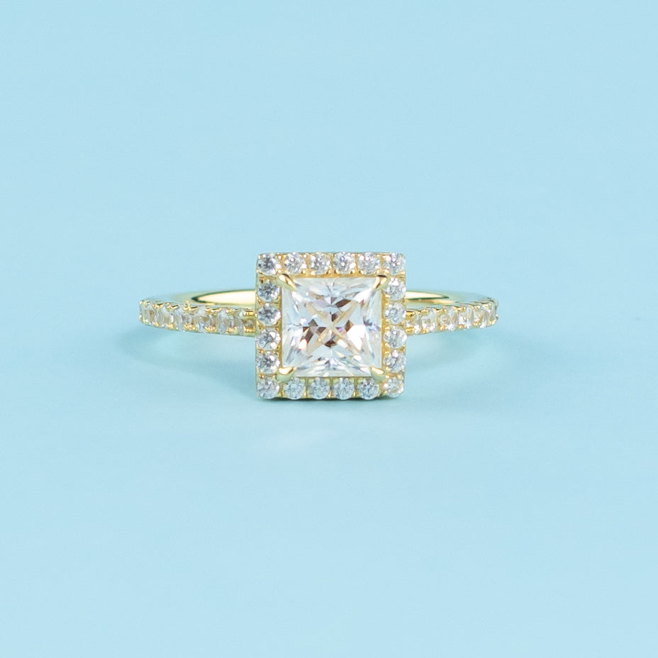 Heritage Halo Princess Cut Moissanite Engagement Ring Set in 9ct Yellow Gold