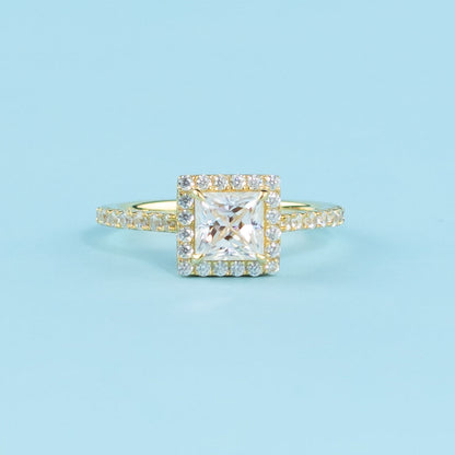 Heritage Halo Princess Cut Moissanite Engagement Ring Set in 9ct Yellow Gold