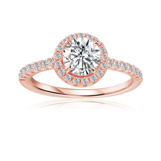 Heritage Halo Round Brilliant Moissanite Engagement Ring Set in 9ct Rose Gold