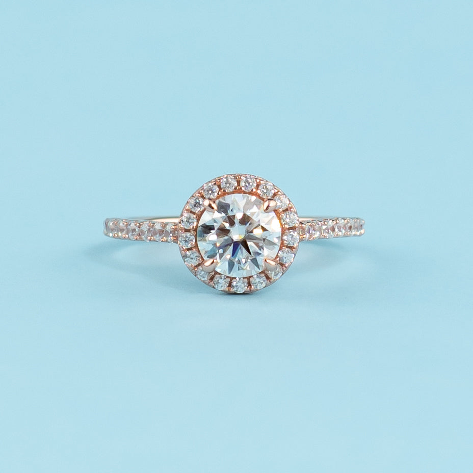 Heritage Halo Round Brilliant Moissanite Engagement Ring Set in 9ct Rose Gold