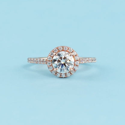 Heritage Halo Round Brilliant Moissanite Engagement Ring Set in 9ct Rose Gold