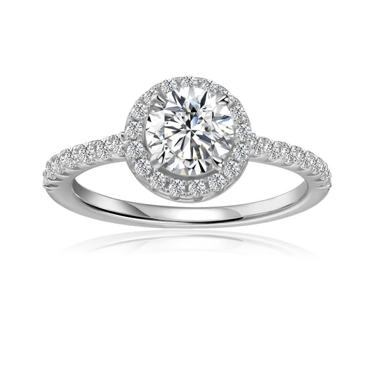 Heritage Halo Round Brilliant Moissanite Engagement Ring Set in 9ct White Gold