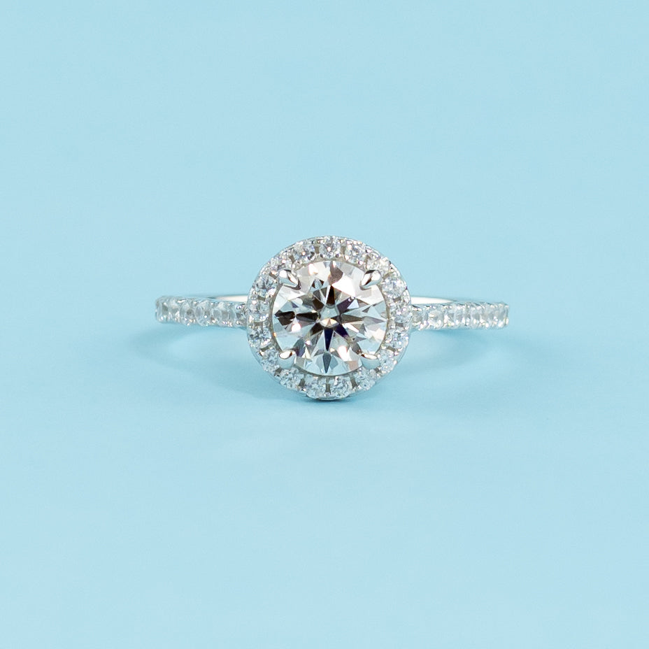 Heritage Halo Round Brilliant Moissanite Engagement Ring Set in 9ct White Gold