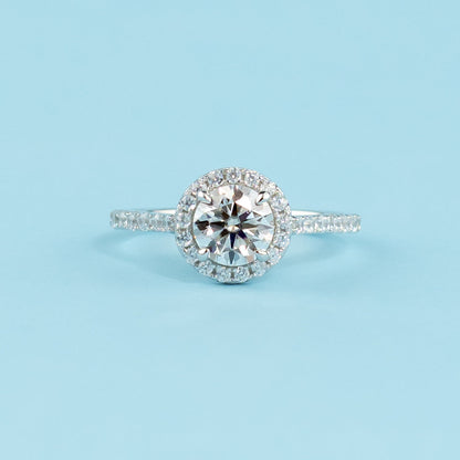 Heritage Halo Round Brilliant Moissanite Engagement Ring Set in 9ct White Gold