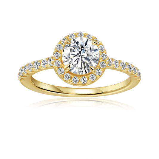 Heritage Halo Round Brilliant Moissanite Engagement Ring Set in 9ct Yellow Gold