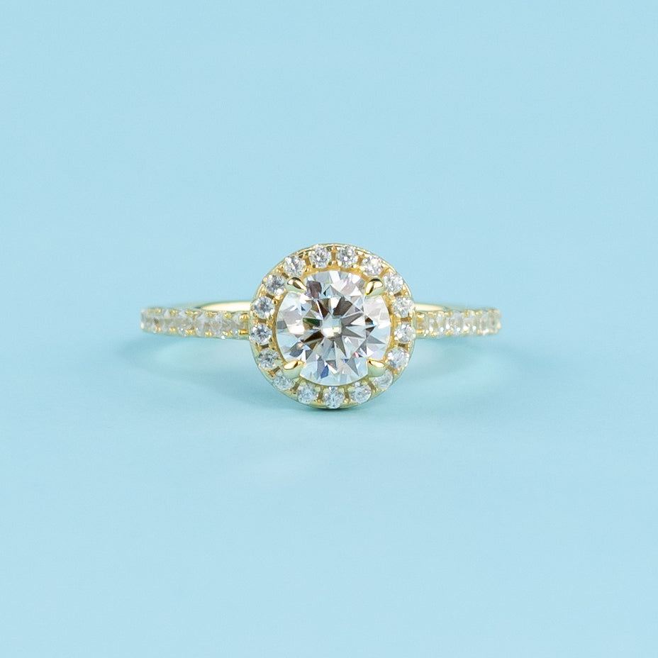 Heritage Halo Round Brilliant Moissanite Engagement Ring Set in 9ct Yellow Gold
