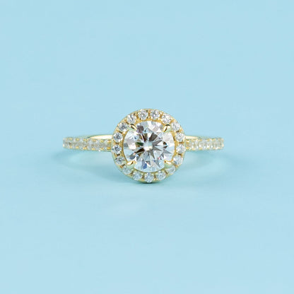 Heritage Halo Round Brilliant Moissanite Engagement Ring Set in 9ct Yellow Gold