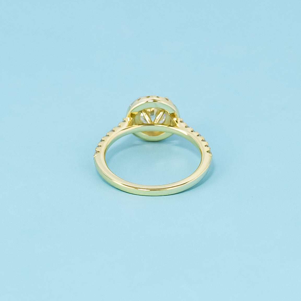 Heritage Halo Round Brilliant Moissanite Engagement Ring Set in 9ct Yellow Gold