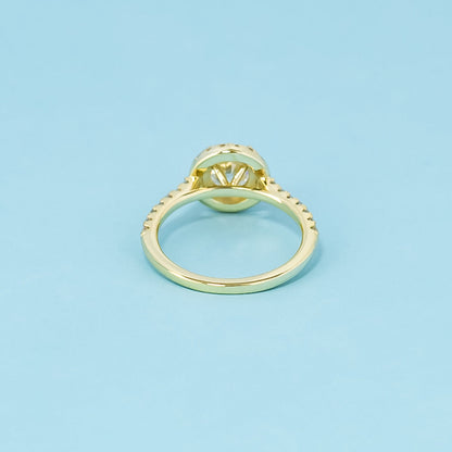 Heritage Halo Round Brilliant Moissanite Engagement Ring Set in 9ct Yellow Gold