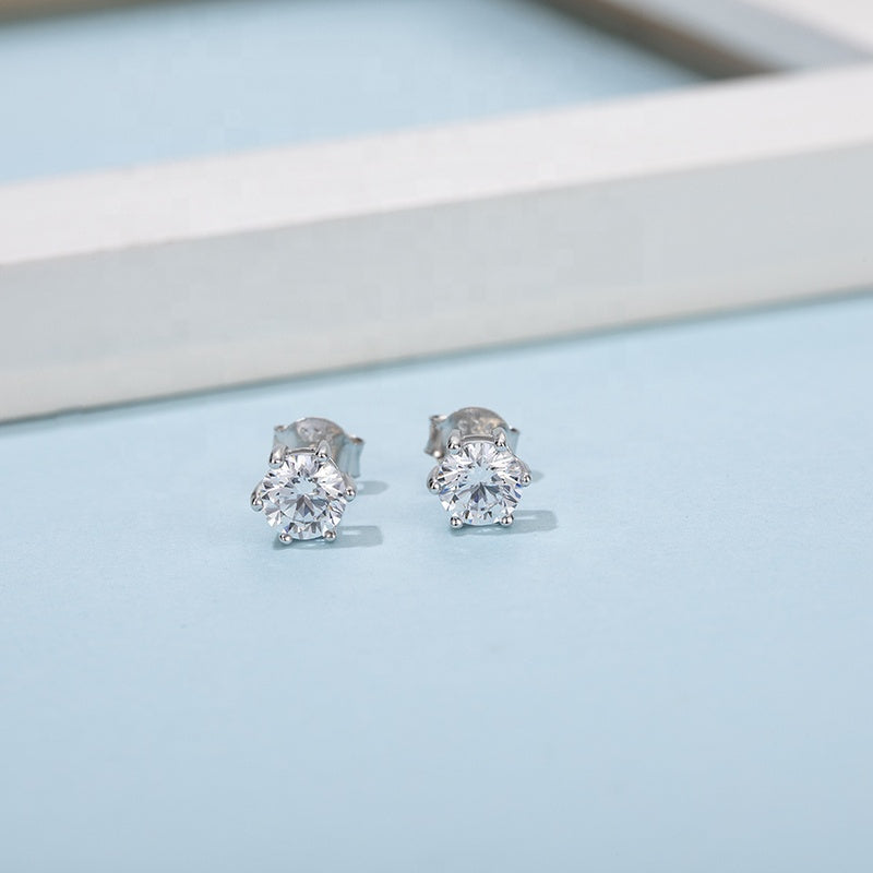 Heritage Solitaire 6 Claw Moissanite Stud Earrings Set in Sterling Silver