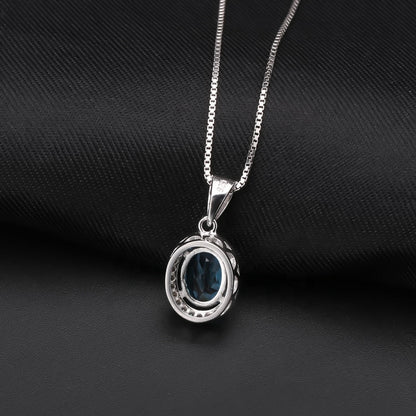 Blue Topaz Oval Cut Halo Pendant Necklace
