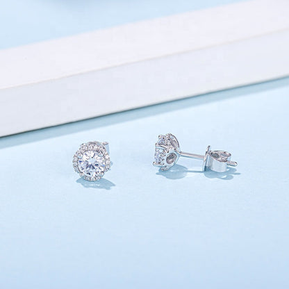 Halo Moissanite Stud Earrings Set in Sterling Silver