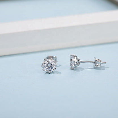 Snowflake 6 Claw Moissanite Stud Earrings Set in Sterling Silver