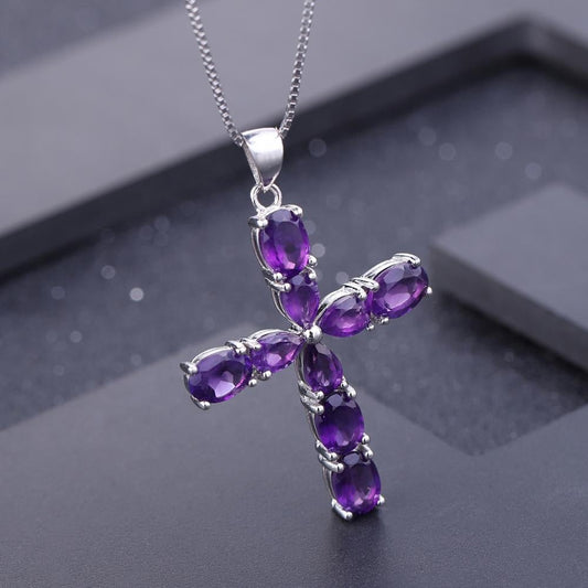 Amethyst Pear & Oval Cut Cross Pendant Necklace