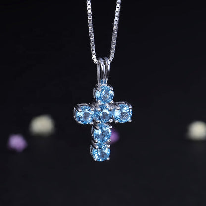 Swiss Blue Topaz 0.32ct Round Brilliant Cross Pendant Necklace