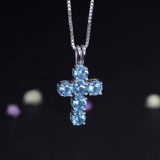 Swiss Blue Topaz 0.32ct Round Brilliant Cross Pendant Necklace