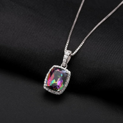 Rainbow Mystic Quartz 3.67ct Cushion-Cut Halo Pendant Necklace