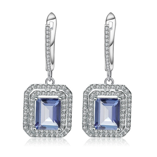 Mystic Quartz 2.05ct Emerald-Cut Halo Drop Earrings