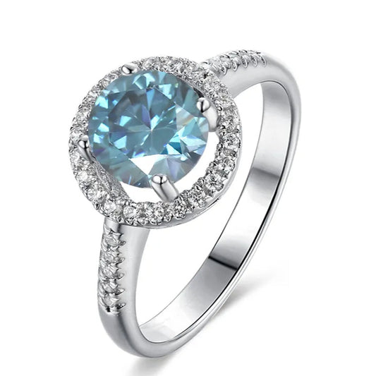Halo Éternel 1.00ct Blue Moissanite Engagement Ring Set in Sterling Silver