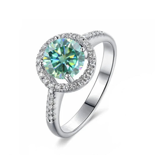 Halo Éternel 1.00ct Green Moissanite Engagement Ring Set in Sterling Silver