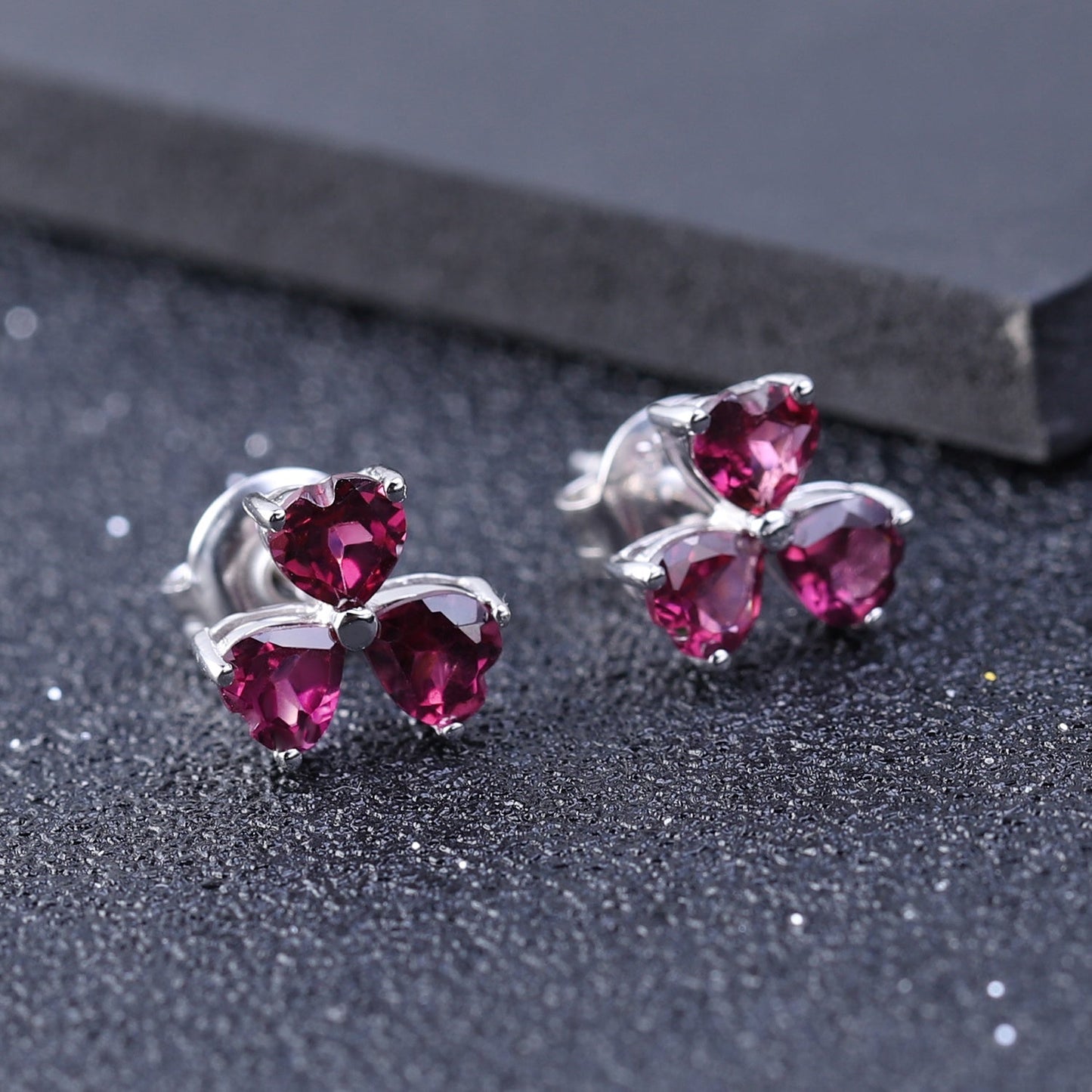 Rhodolite Garnet 0.32ct Heart Trilogy Stud Earrings