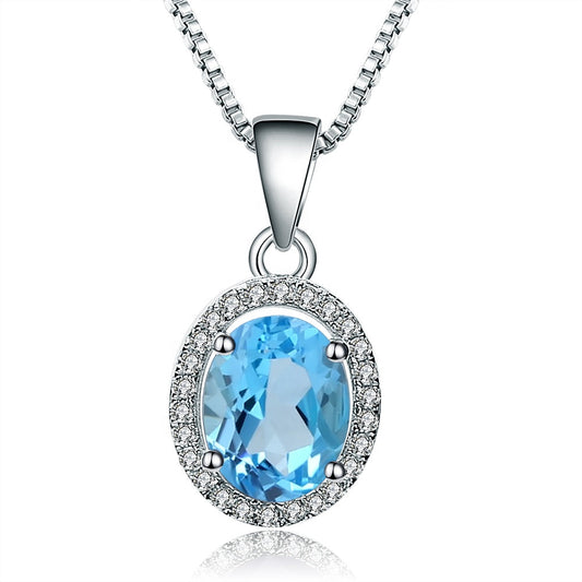 Blue Topaz Oval Cut Halo Pendant Necklace