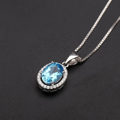 Blue Topaz Oval Cut Halo Pendant Necklace