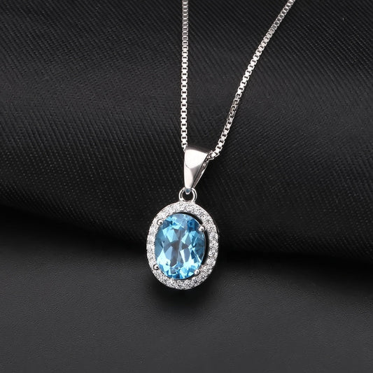 Blue Topaz Oval Cut Halo Pendant Necklace